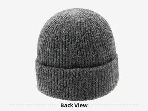 Detailed back view of dark grey knitted beanie showing thick ribbed wool texture