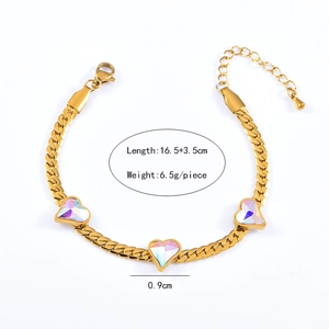Detail view of a gold heart bracelet with three iridescent gemstones and dimensions
