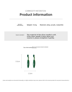 Detailed size specifications of retro malachite water drop earrings with silver needle posts