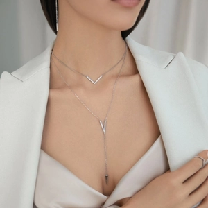 Minimalist double-layered 925 sterling silver V-shaped necklace set with cubic zirconia