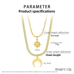 Detail view of double-layer stainless steel necklace with sun and moon pendants and measurements