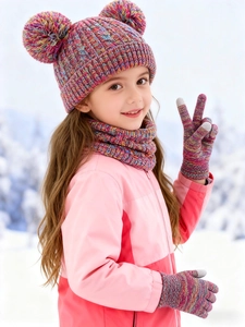 Toddler winter set featuring dual colorful pom-poms on knit hat with scarf and gloves