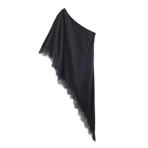 Elegant black asymmetric one-shoulder satin top with delicate lace trim on white background