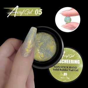 Macro shot of yellow-green solid builder nail gel with glitter texture in a 10g pot