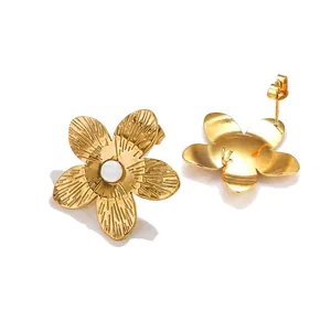 Golden five-petal flower stud earring with pearl inlay and hanging loop connector