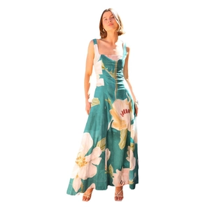 French vintage dark green floral maxi dress with square neck and slim fit silhouette