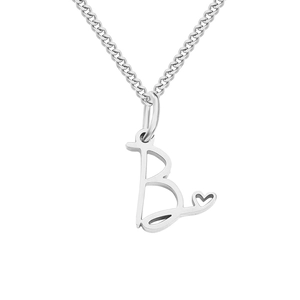 Silver stainless steel curb chain necklace with heart initial B pendant for women