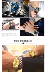 Macro view of gold stainless steel watch band and dual calendar dial with roman numerals