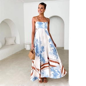 Damen Sommer Rückenfreies Maxikleid mit Blumenmuster, Blau und Weiß mit hoher Taille