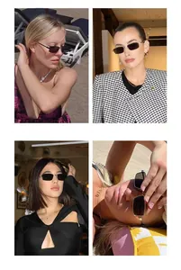 Collage de cuatro modelos luciendo gafas de sol rectangulares negras de estilo vintage