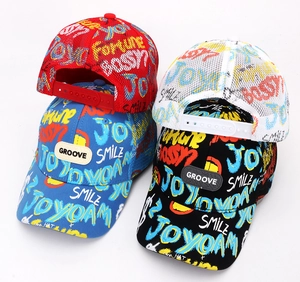 Detail of colorful graffiti baseball caps with breathable mesh and adjustable back straps