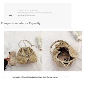 Detail view of straw bucket bag showing silver rhinestone handle and internal storage capacity
