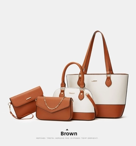 Detail view of 4-piece brown and beige leather tote set with gold-tone hardware