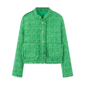 Elegant green tweed jacket with gold buttons and fringe details on a white background