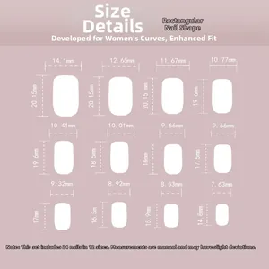 Detailed size chart for press-on nails featuring 12 rectangular square nail measurements