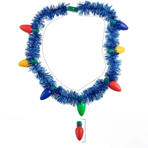 Detail view of blue tinsel LED necklace with colorful bulbs and size specifications
