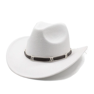 Classic white wool felt cowboy hat with a brown leather decorative band and M-stitch detail