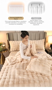 Close-up of thick faux rabbit fur fiber density and warm beige plush blanket in bedroom
