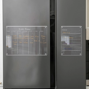 Macro detail of magnetic acrylic weekly planner and to-do list on a dark fridge