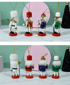 Detail of four 10cm wooden nutcracker ornaments in red, green, blue and white colors