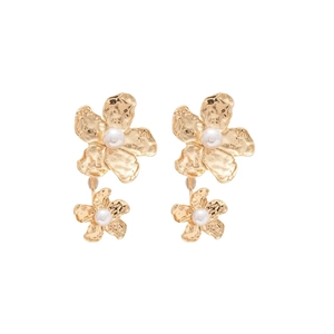 French irregular pleated flower pearl earrings in gold finish with hammered texture