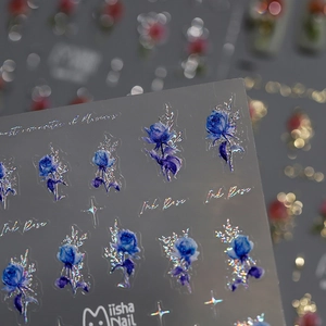 Laser ink blue rose nail art stickers with vintage floral designs and holographic edges