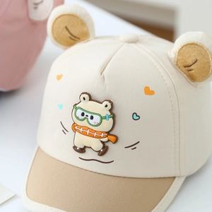 Toddler baseball cap featuring 3D ears and skiing bear patch in beige and khaki