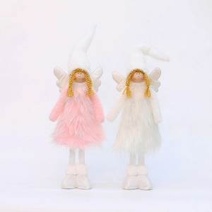 Poupées d'ange de Noël debout avec bonnets en peluche, ailes et jambes télescopiques en rose et blanc
