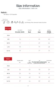 Size chart showing fabric composition and detailed measurements for yoga bra and shorts set