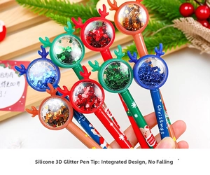 Close-up of Christmas deer pens with glitter balls and silicone reindeer antlers detail