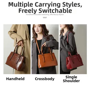 Detailed view of women's tote bags in brown and wine red shown in three carrying styles