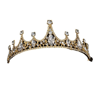 Luxurious gold crystal tiara with intricate镂空 design and sparkling rhinestones for bridal hair
