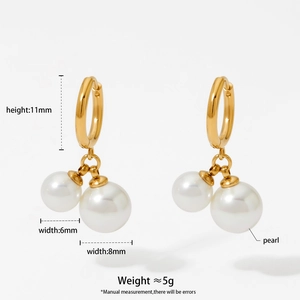 Elegant gold stainless steel hoop earrings with double 6mm and 8mm white pearl pendants
