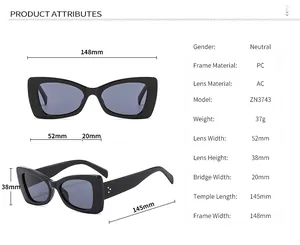 Detailed size guide for futuristic cat-eye sunglasses with precise frame measurements