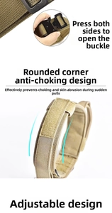 Tactical dog collar detail showing heavy-duty metal quick-release buckle and sand nylon strap