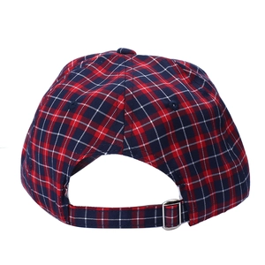 Red, blue and white plaid cotton baseball cap with adjustable metal buckle back view