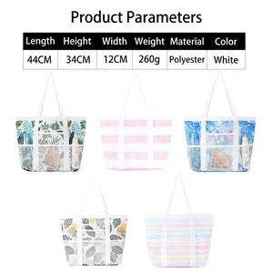 Detailansicht mehrerer großer Mesh-Strandtaschen mit detaillierten Produktabmessungen.