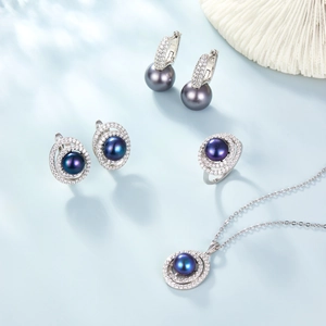 Elegant S925 silver jewelry set with dark purple pearls and zircon accents on blue background