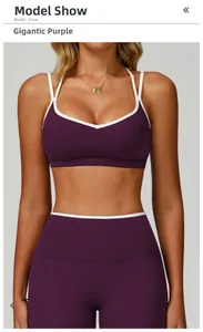 Front view of purple sports bra with crisscross back and matching high-waist yoga pants