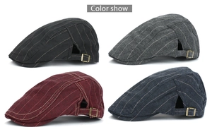 Color display of adjustable striped cotton beret hats in black grey red and blue colors