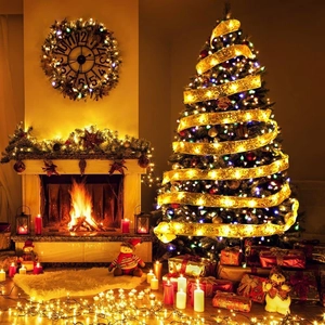 Golden double-layer ribbon LED string lights glowing on a decorated Christmas tree