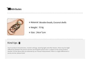Detailed size and material chart for bohemian wooden bead and coconut shell bracelet set