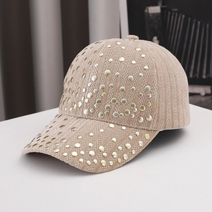 Beige corduroy baseball cap with gold rivet studs for women's autumn outdoor style