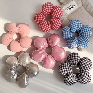 Set of six large floral fabric hair scrunchies in plaid and metallic finishes