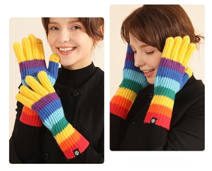 Detailed knit texture and ribbed cuff on colorful rainbow striped winter gloves