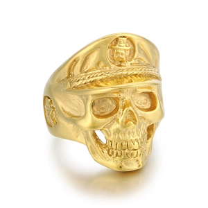 Punk style golden skull ring with detailed officer hat design on a clean white background