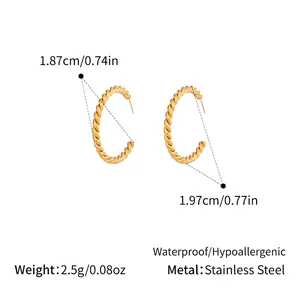 Macro detail of 18K gold plated stainless steel twisted C-hoop earring with measurements