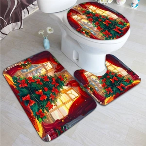 Detailed view of Christmas bathroom mat set with festive tree and snowflake design