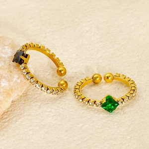 Adjustable gold stainless steel ring with emerald and black zircon stones in square cut