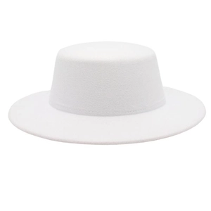 Minimalist white wool felt boater hat with flat top and wide brim for elegant women